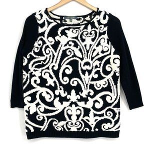 Catherine Malandrino Black Beige Jacquard Swirl Scroll Soft Sweater Women’s Sz S